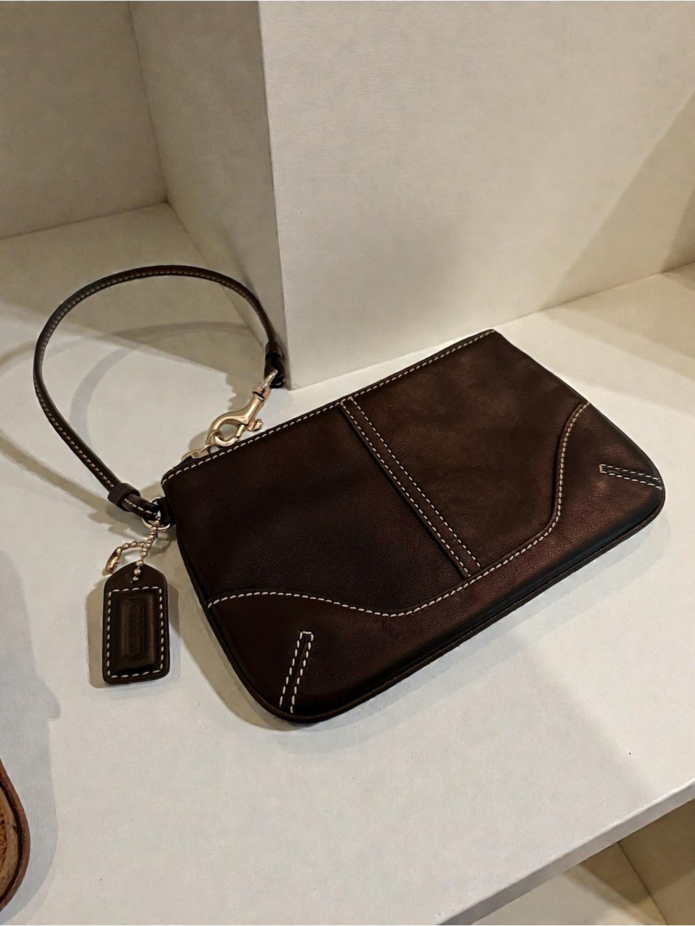Coach Black Leather Wristlet with White Contrast Stitching